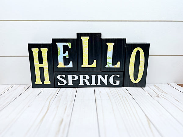 Hello Spring Happy Easter Reversible Wooden Letter Block Set, Double Sided Rustic Decor for Shelf, Mantle or Tabletop