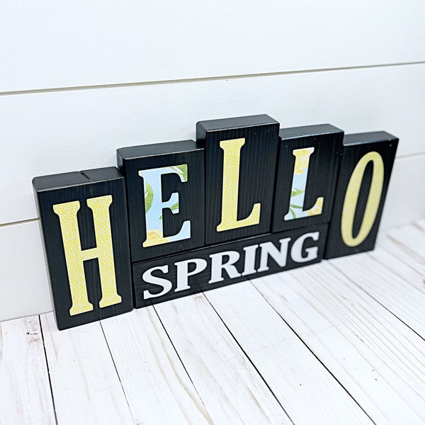 Hello Spring Happy Easter Reversible Wooden Letter Block Set, Double Sided Rustic Decor for Shelf, Mantle or Tabletop