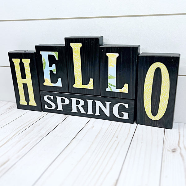 Hello Spring Happy Easter Reversible Wooden Letter Block Set, Double Sided Rustic Decor for Shelf, Mantle or Tabletop