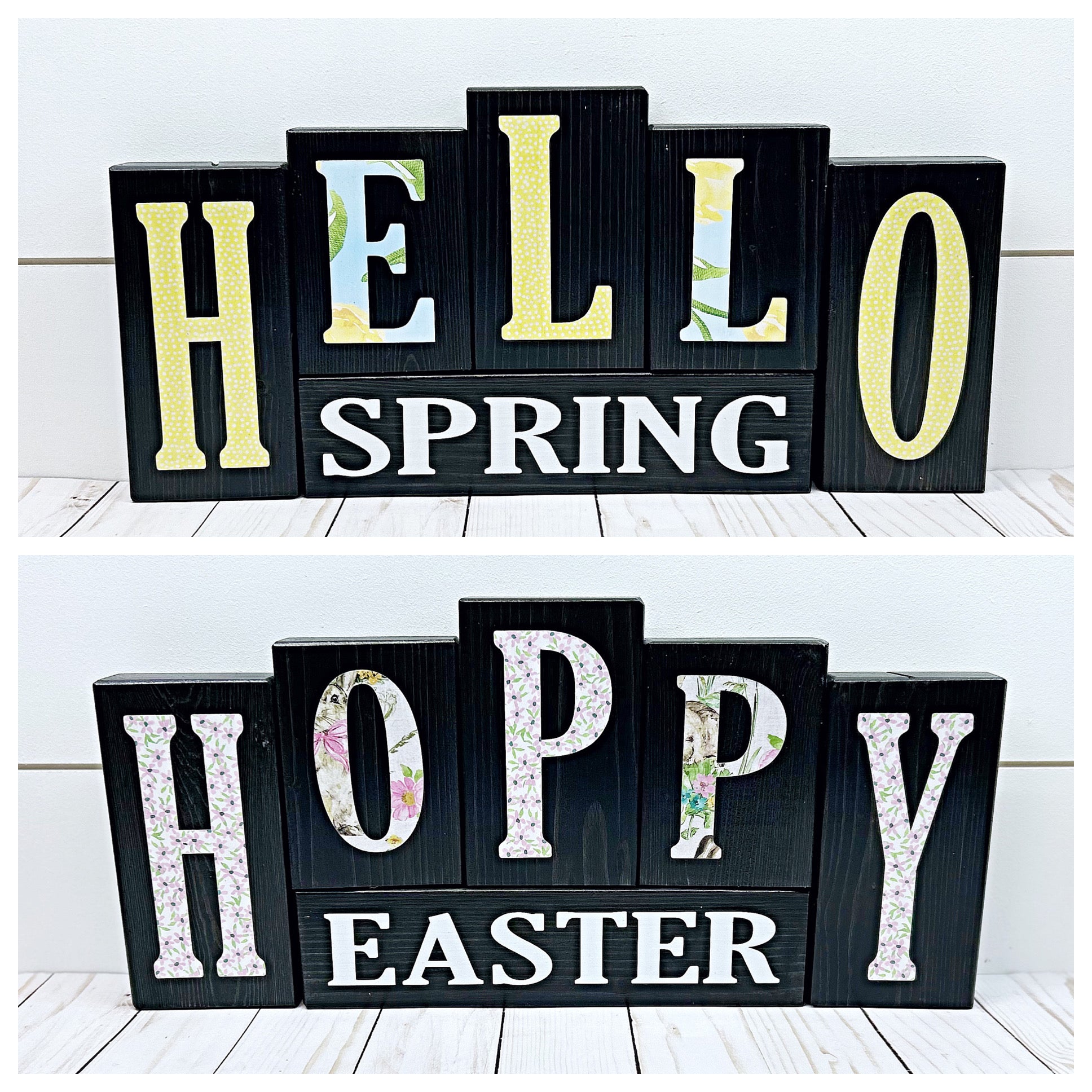 Hello Spring Happy Easter Reversible Wooden Letter Block Set, Double Sided Rustic Decor for Shelf, Mantle or Tabletop