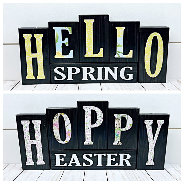 Hello Spring Happy Easter Reversible Wooden Letter Block Set, Double Sided Rustic Decor for Shelf, Mantle or Tabletop