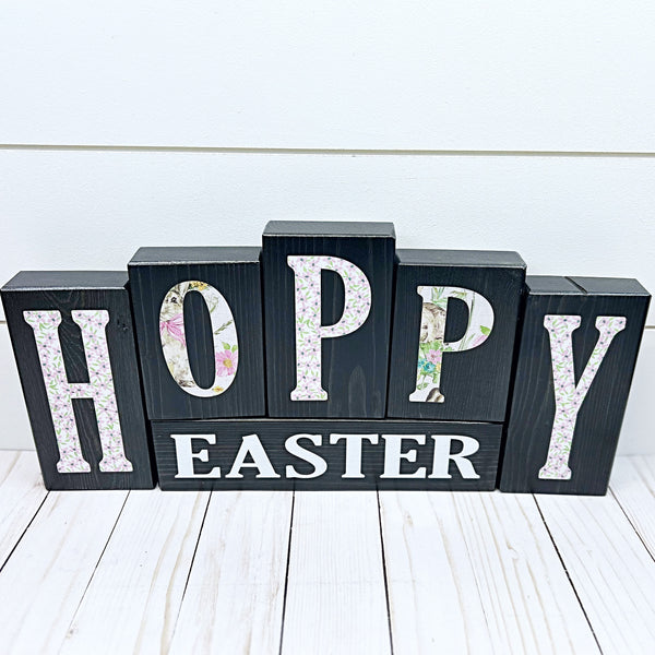 Hello Spring Happy Easter Reversible Wooden Letter Block Set, Double Sided Rustic Decor for Shelf, Mantle or Tabletop
