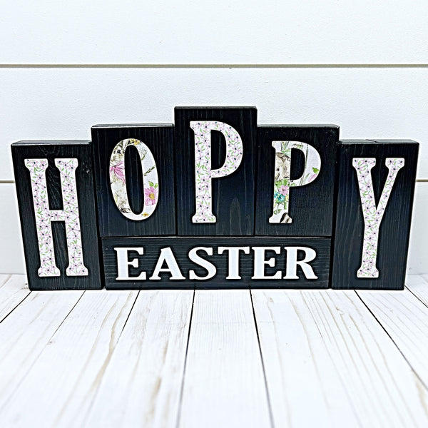 Hello Spring Happy Easter Reversible Wooden Letter Block Set, Double Sided Rustic Decor for Shelf, Mantle or Tabletop