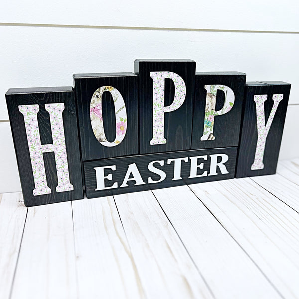 Hello Spring Happy Easter Reversible Wooden Letter Block Set, Double Sided Rustic Decor for Shelf, Mantle or Tabletop