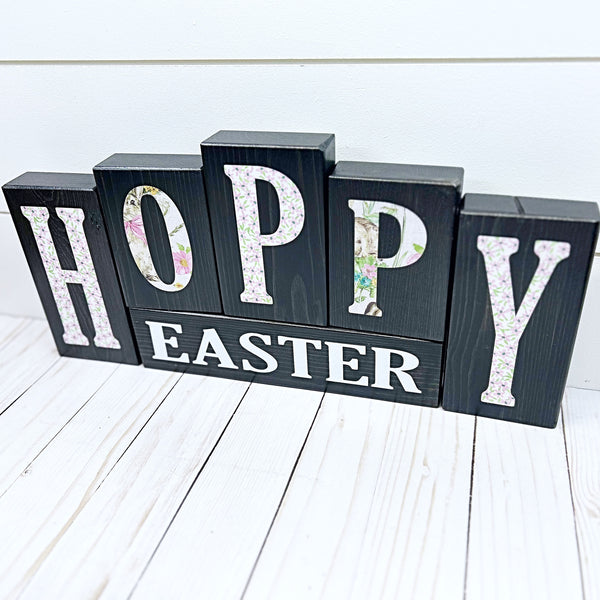 Hello Spring Happy Easter Reversible Wooden Letter Block Set, Double Sided Rustic Decor for Shelf, Mantle or Tabletop
