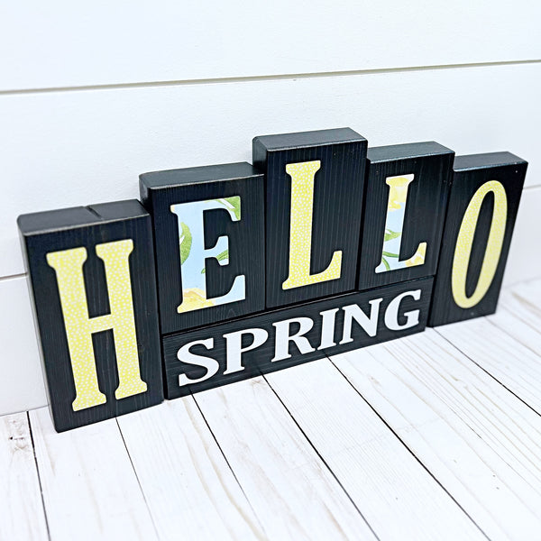 Hello Spring Happy Easter Reversible Wooden Letter Block Set, Double Sided Rustic Decor for Shelf, Mantle or Tabletop