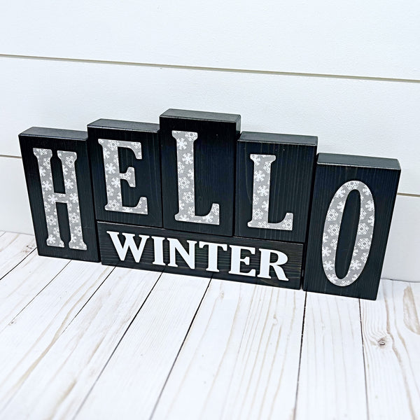 Reversible Hello Winter, Merry Christmas Letter Block Set - Holiday Decor for Shelf, Table or Mantle