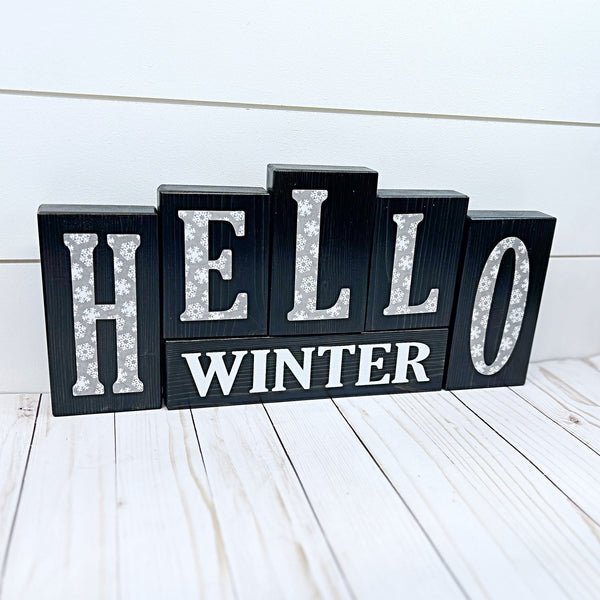 Reversible Hello Winter, Merry Christmas Letter Block Set - Holiday Decor for Shelf, Table or Mantle