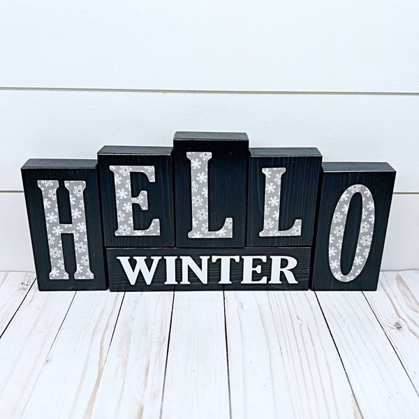 Reversible Hello Winter, Merry Christmas Letter Block Set - Holiday Decor for Shelf, Table or Mantle