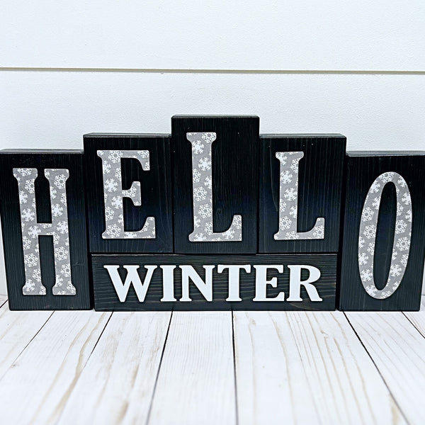 Reversible Hello Winter, Merry Christmas Letter Block Set - Holiday Decor for Shelf, Table or Mantle