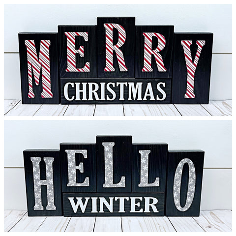 Reversible Hello Winter, Merry Christmas Letter Block Set - Holiday Decor for Shelf, Table or Mantle