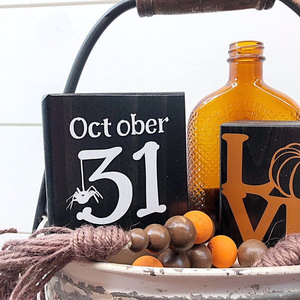 Reversible Fall and Halloween Mini Wooden Block Sign, Farmhouse Decor for Shelf, Tabletop or Tiered Tray
