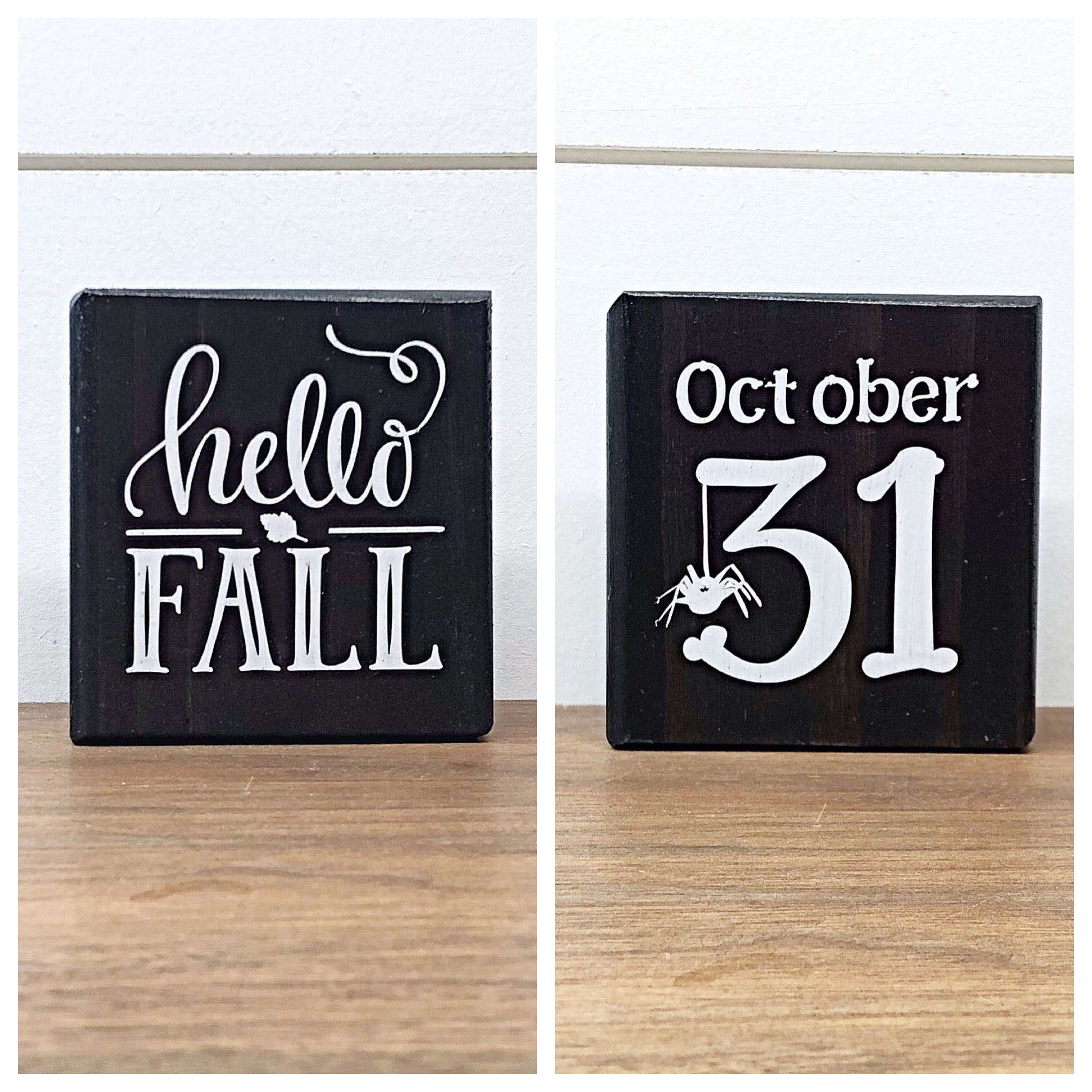 Reversible Fall and Halloween Mini Wooden Block Sign, Farmhouse Decor for Shelf, Tabletop or Tiered Tray
