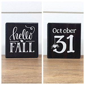 Reversible Fall and Halloween Mini Wooden Block Sign, Farmhouse Decor for Shelf, Tabletop or Tiered Tray