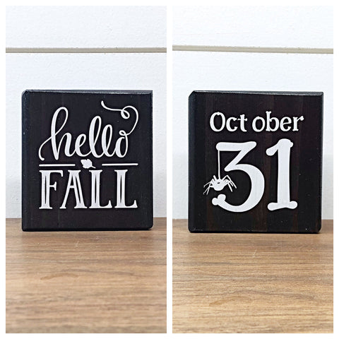 Reversible Fall and Halloween Mini Wooden Block Sign, Farmhouse Decor for Shelf, Tabletop or Tiered Tray