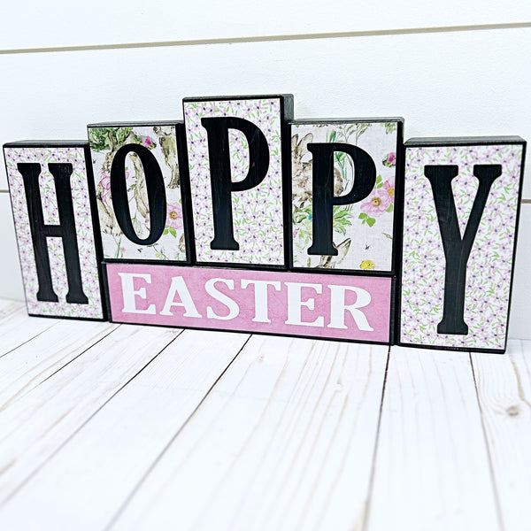 Hoppy Easter and Hello Spring Reversible Wooden Letter Block Set, Double Sided Rustic Decor for Shelf, Mantle or Tabletop