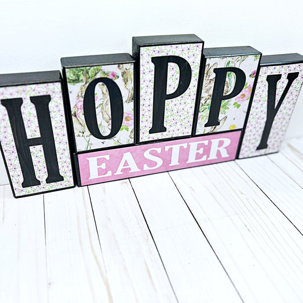 Hoppy Easter and Hello Spring Reversible Wooden Letter Block Set, Double Sided Rustic Decor for Shelf, Mantle or Tabletop