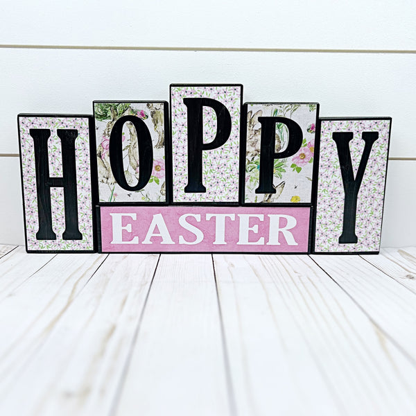 Hoppy Easter and Hello Spring Reversible Wooden Letter Block Set, Double Sided Rustic Decor for Shelf, Mantle or Tabletop