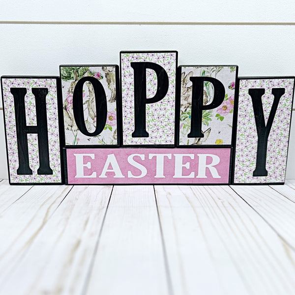 Hoppy Easter and Hello Spring Reversible Wooden Letter Block Set, Double Sided Rustic Decor for Shelf, Mantle or Tabletop
