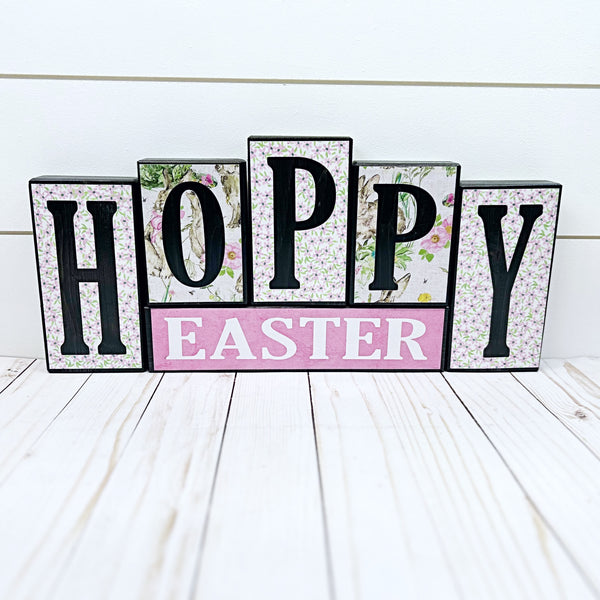 Hoppy Easter and Hello Spring Reversible Wooden Letter Block Set, Double Sided Rustic Decor for Shelf, Mantle or Tabletop