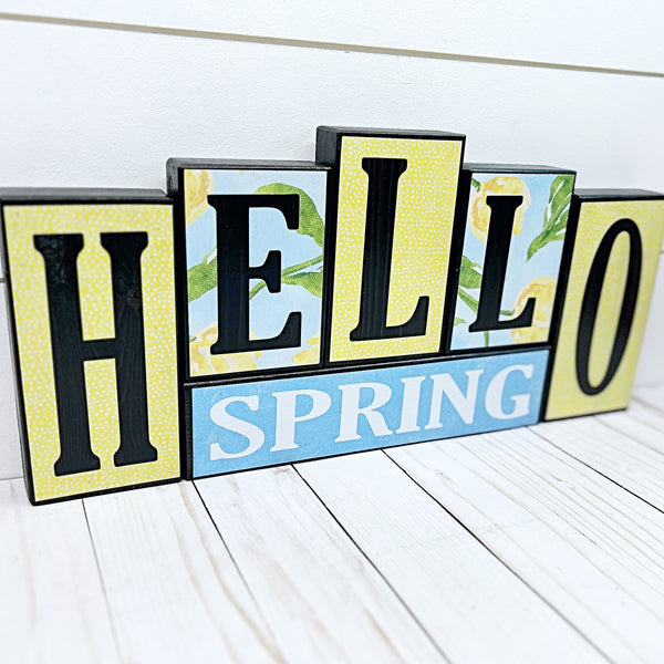 Hoppy Easter and Hello Spring Reversible Wooden Letter Block Set, Double Sided Rustic Decor for Shelf, Mantle or Tabletop