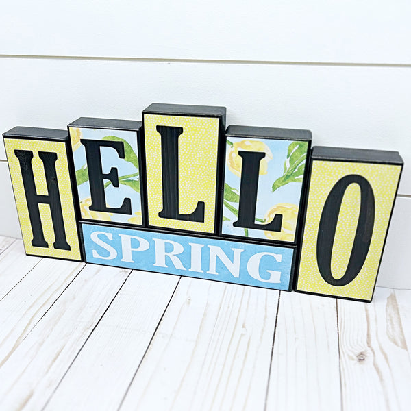 Hoppy Easter and Hello Spring Reversible Wooden Letter Block Set, Double Sided Rustic Decor for Shelf, Mantle or Tabletop