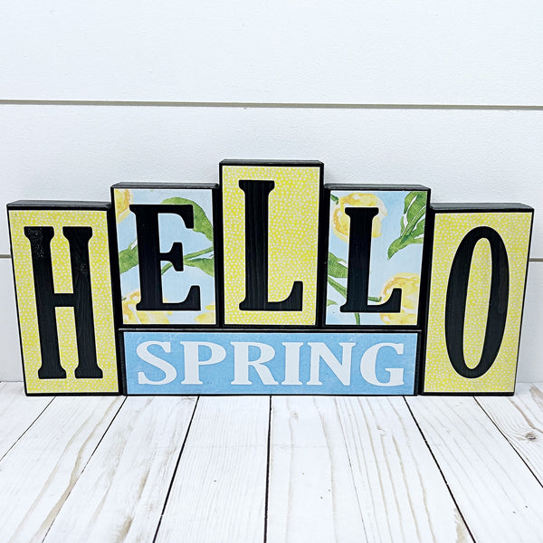 Hoppy Easter and Hello Spring Reversible Wooden Letter Block Set, Double Sided Rustic Decor for Shelf, Mantle or Tabletop