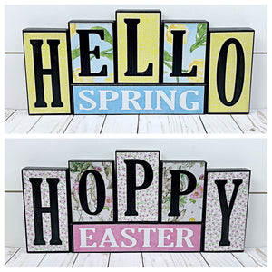 Hoppy Easter and Hello Spring Reversible Wooden Letter Block Set, Double Sided Rustic Decor for Shelf, Mantle or Tabletop