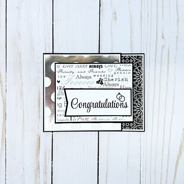Elegant Wedding Card, Black White and Silver Handmade Card with Gift Card or Money Pocket