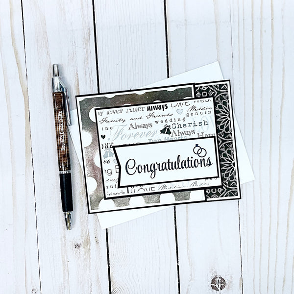Elegant Wedding Card, Black White and Silver Handmade Card with Gift Card or Money Pocket