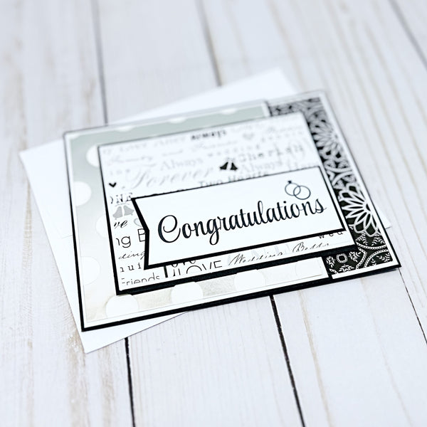 Elegant Wedding Card, Black White and Silver Handmade Card with Gift Card or Money Pocket