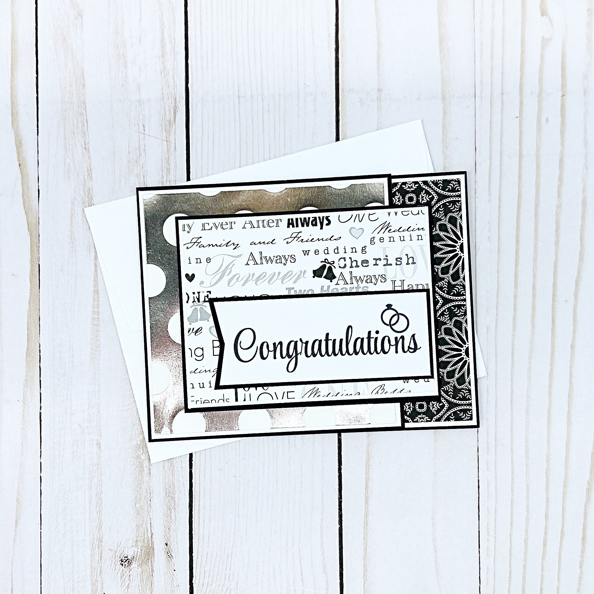 Elegant Wedding Card, Black White and Silver Handmade Card with Gift Card or Money Pocket