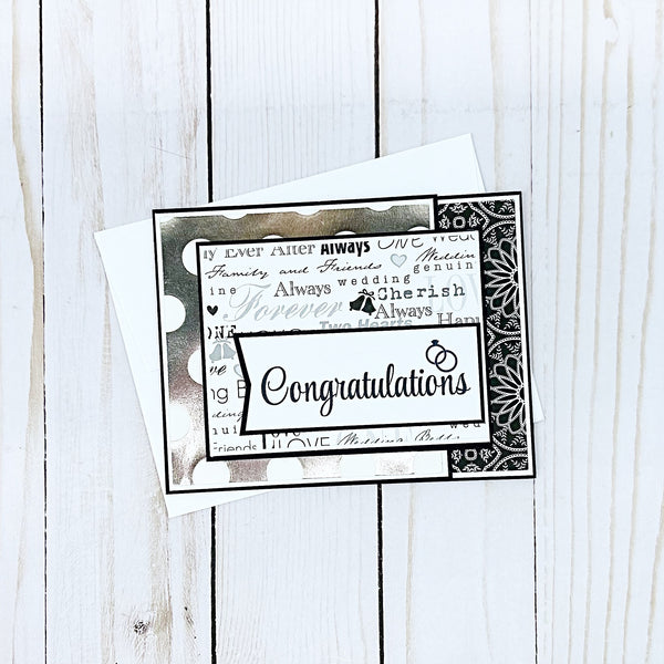 Elegant Wedding Card, Black White and Silver Handmade Card with Gift Card or Money Pocket