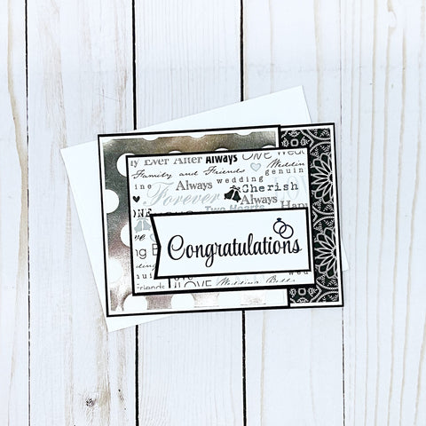 Elegant Wedding Card, Black White and Silver Handmade Card with Gift Card or Money Pocket