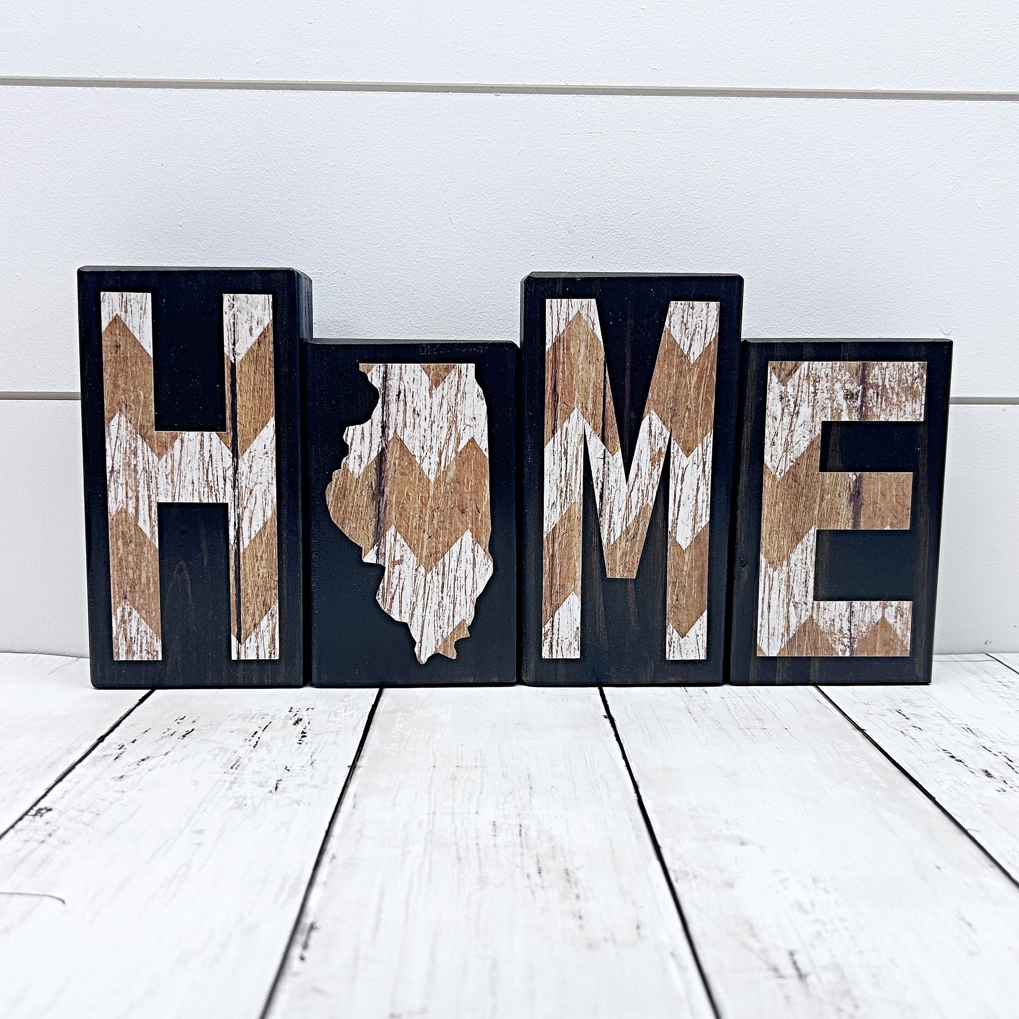Illinois Home Wooden Letter Block Set in Brown and White Chevron, Rustic Decor for Shelf, Mantle or Tabletop