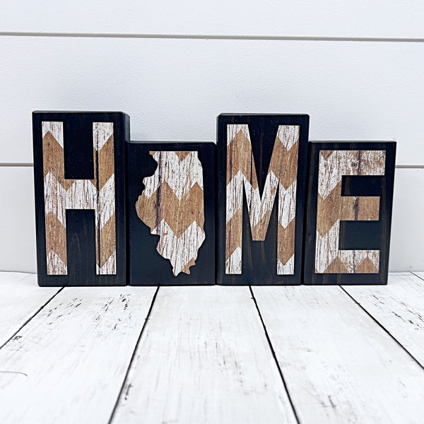 Illinois Home Wooden Letter Block Set in Brown and White Chevron, Rustic Decor for Shelf, Mantle or Tabletop