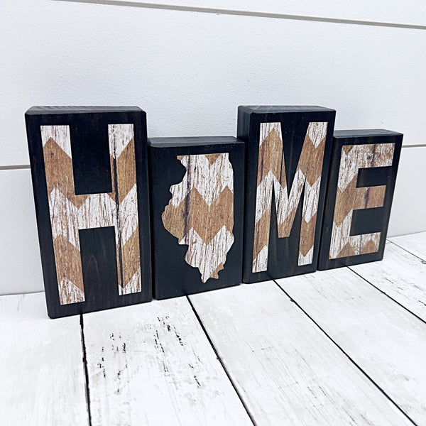 Illinois Home Wooden Letter Block Set in Brown and White Chevron, Rustic Decor for Shelf, Mantle or Tabletop