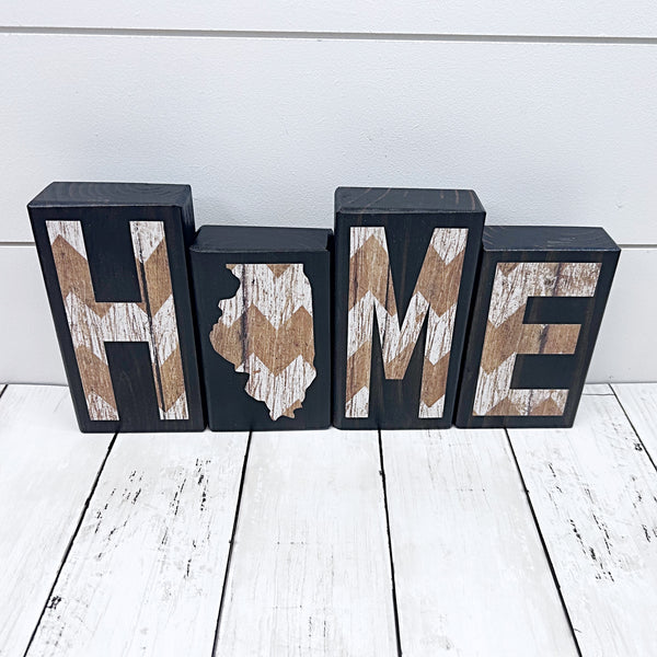 Illinois Home Wooden Letter Block Set in Brown and White Chevron, Rustic Decor for Shelf, Mantle or Tabletop