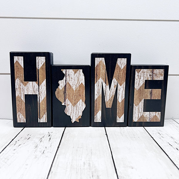 Illinois Home Wooden Letter Block Set in Brown and White Chevron, Rustic Decor for Shelf, Mantle or Tabletop