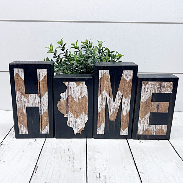 Illinois Home Wooden Letter Block Set in Brown and White Chevron, Rustic Decor for Shelf, Mantle or Tabletop