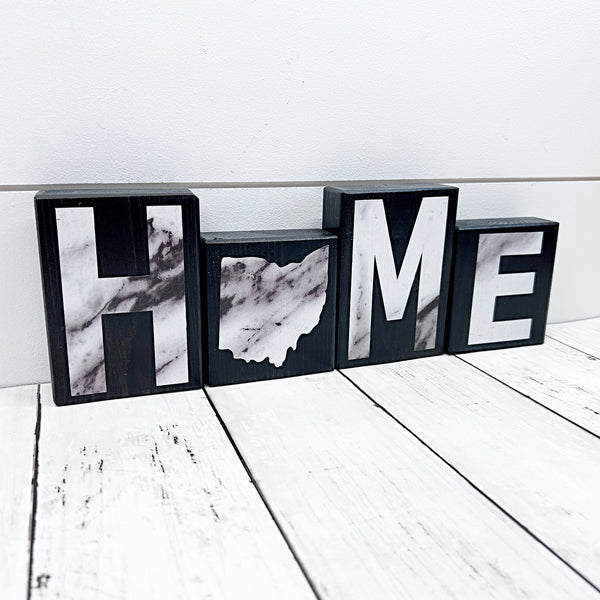 Ohio Home Marble Look Letter Wooden Block Set, Farmhouse Style Decor for Shelf, Mantle or Tabletop