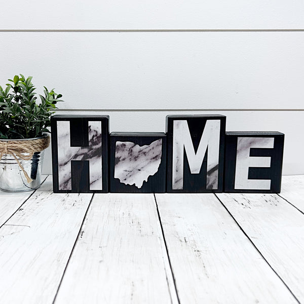 Ohio Home Marble Look Letter Wooden Block Set, Farmhouse Style Decor for Shelf, Mantle or Tabletop