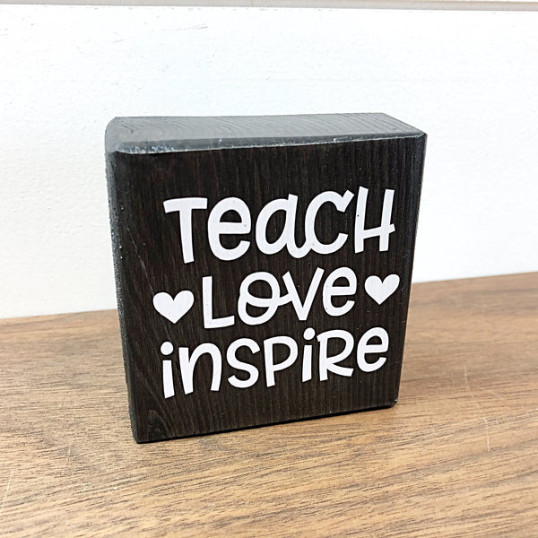 Teach Love Inspire Mini Block Sign, 3 Inch Farmhouse Style Block for Tiered Tray or Shelf Decor