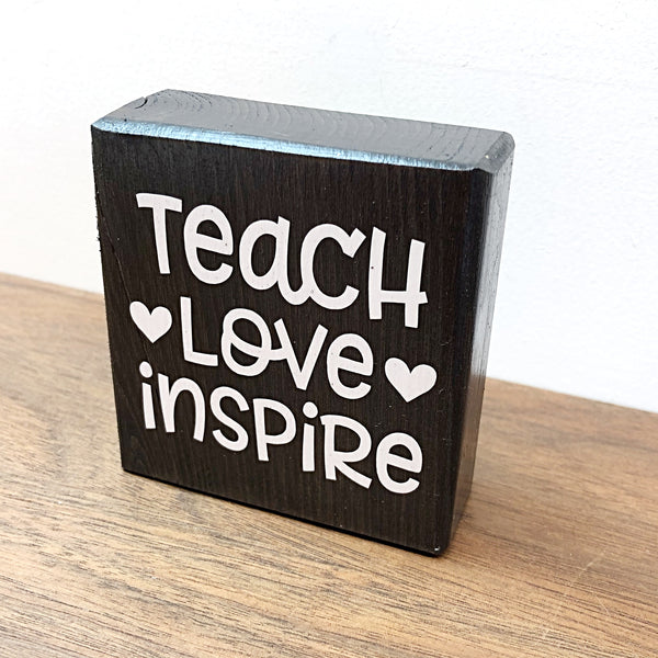 Teach Love Inspire Mini Block Sign, 3 Inch Farmhouse Style Block for Tiered Tray or Shelf Decor