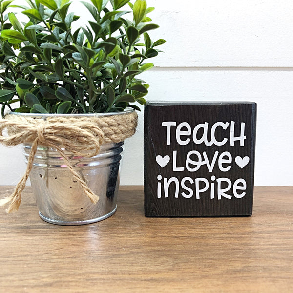 Teach Love Inspire Mini Block Sign, 3 Inch Farmhouse Style Block for Tiered Tray or Shelf Decor