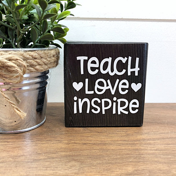Teach Love Inspire Mini Block Sign, 3 Inch Farmhouse Style Block for Tiered Tray or Shelf Decor