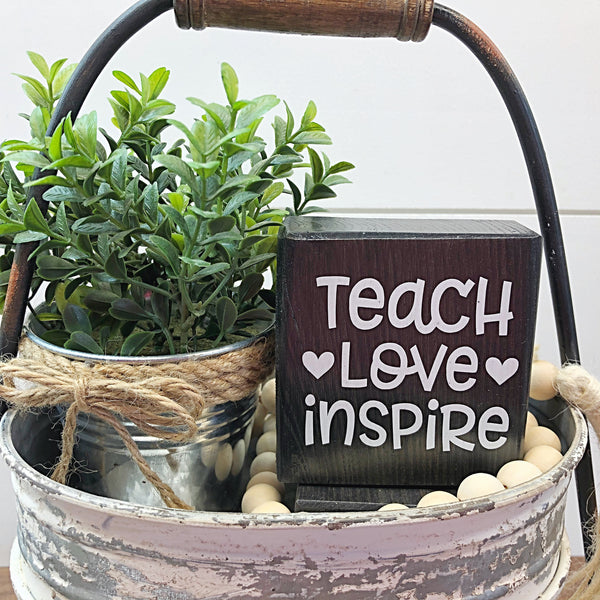 Teach Love Inspire Mini Block Sign, 3 Inch Farmhouse Style Block for Tiered Tray or Shelf Decor