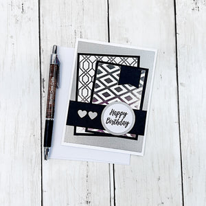 Elegant Happy Birthday, Silver and White Handmade Greeting Card