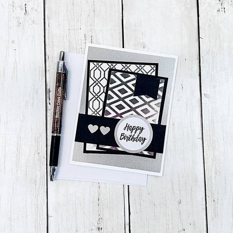 Elegant Happy Birthday, Silver and White Handmade Greeting Card