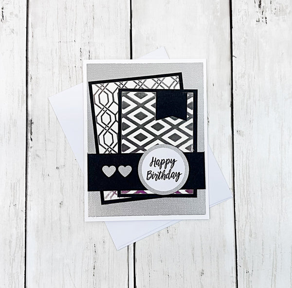 Elegant Happy Birthday, Silver and White Handmade Greeting Card